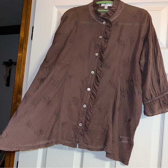 Kyla Seo Cotton Semi Sheer Embroidered Button Down Blouse - Picture 6 of 12